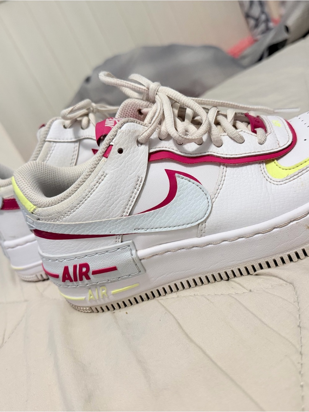 Nike Kids White Sneakers with Pink & Neon Yellow Accents